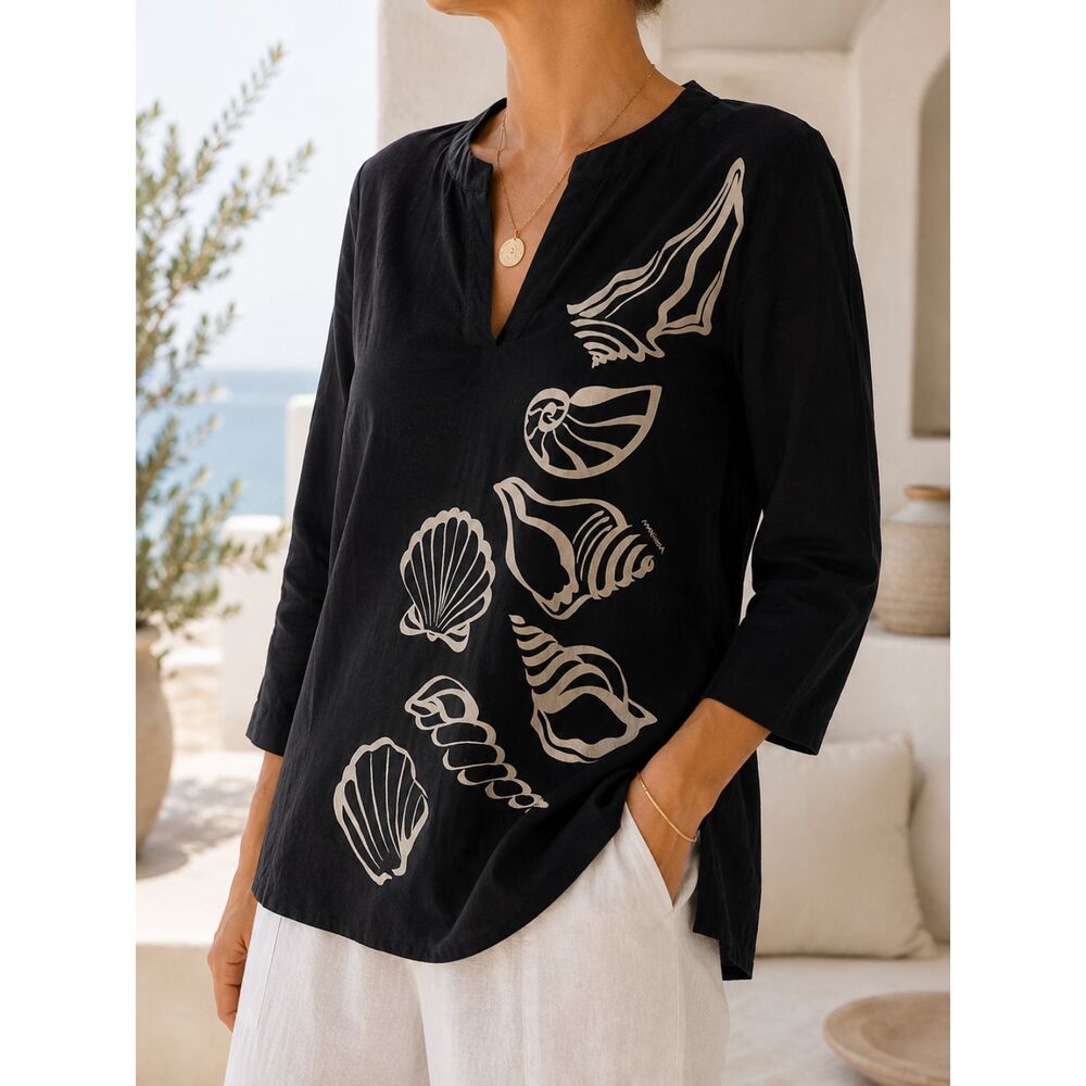 Marushka Black Seashell Tunic M 100% Cotton Coastal Resort Beach Vacation